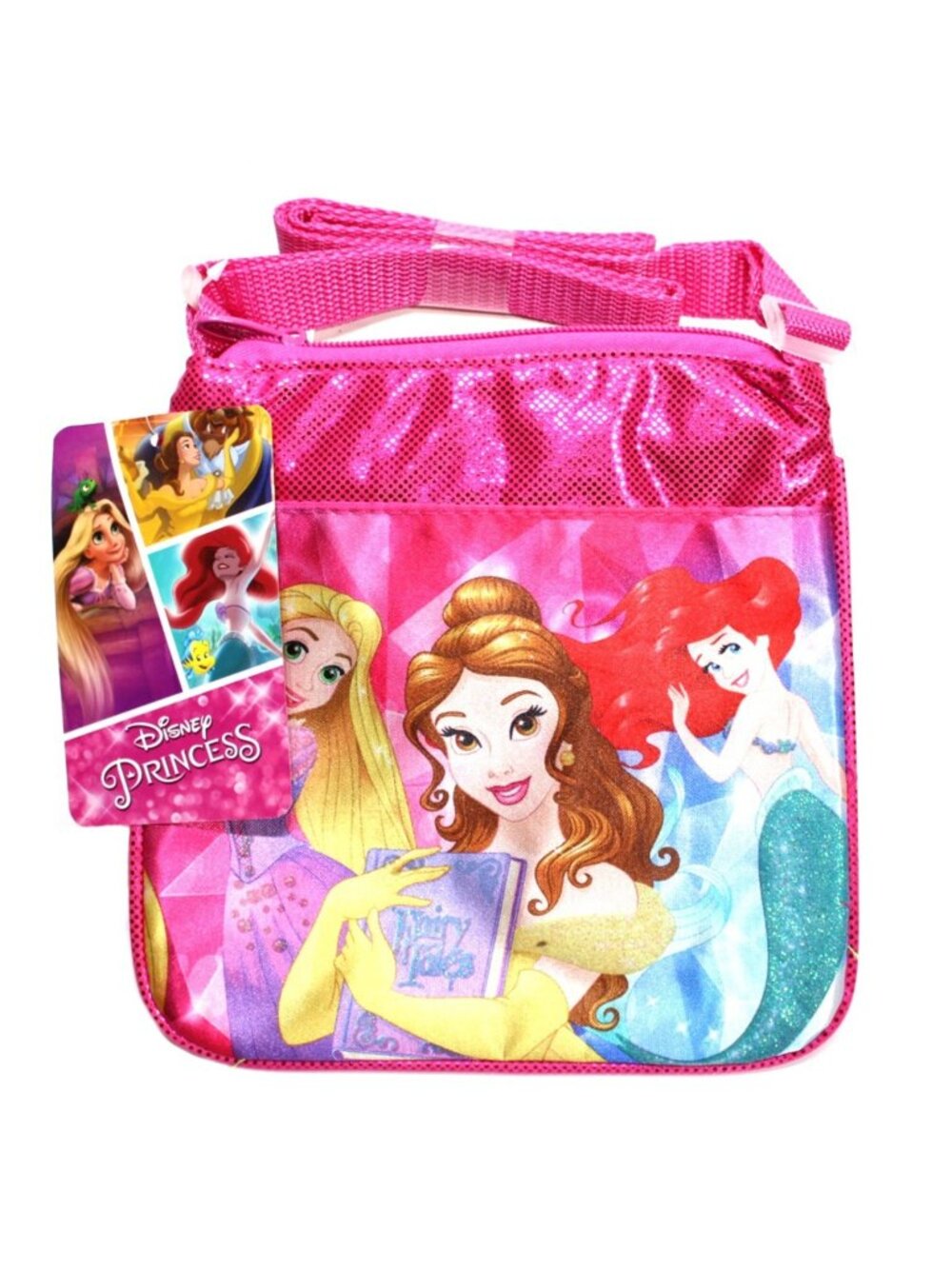Disney Princess Belle Ariel Cinderella Cross Body Purse 7.5 "x 7" Pink Glitter